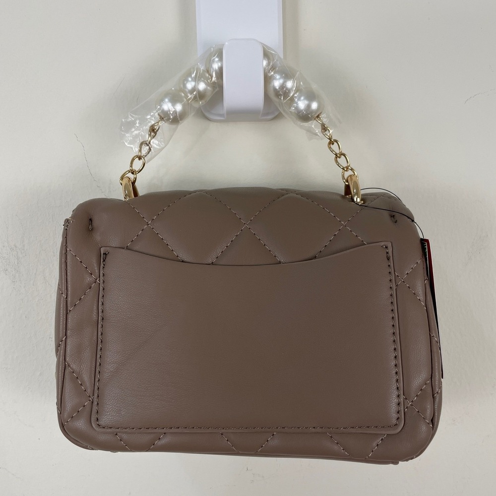 Badgley Mischka Taupe Quilted Vegan Leather‎ Pearl Handle Crossbody Studded Bag